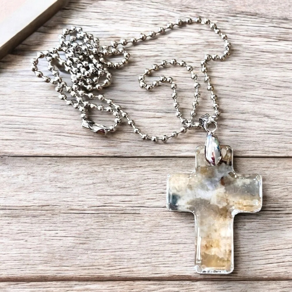 Crystal Clear Glass Cross Necklace with silver toned Beaded Chain 22” - Picture 16 of 17